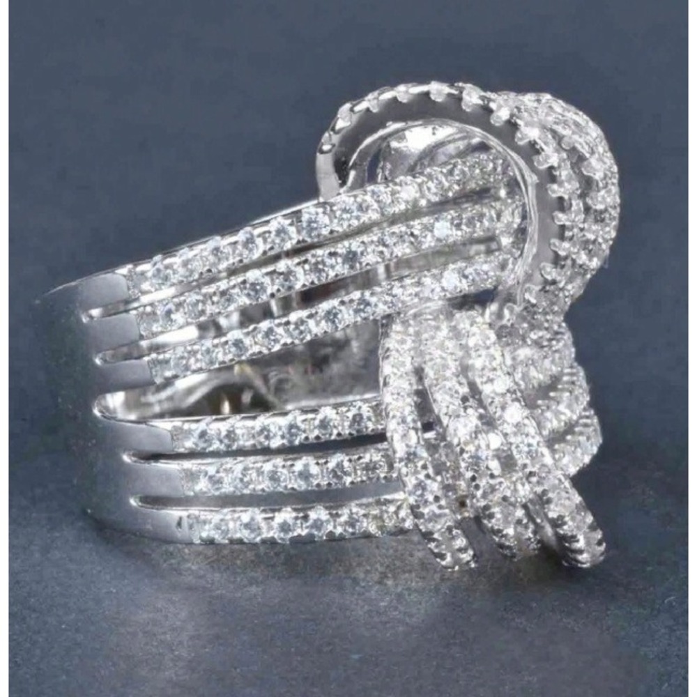 Silver Tone Multi Row Pave Knot Statement Ring Size 8 Wide Band Crystal Ring - Picture 3 of 5